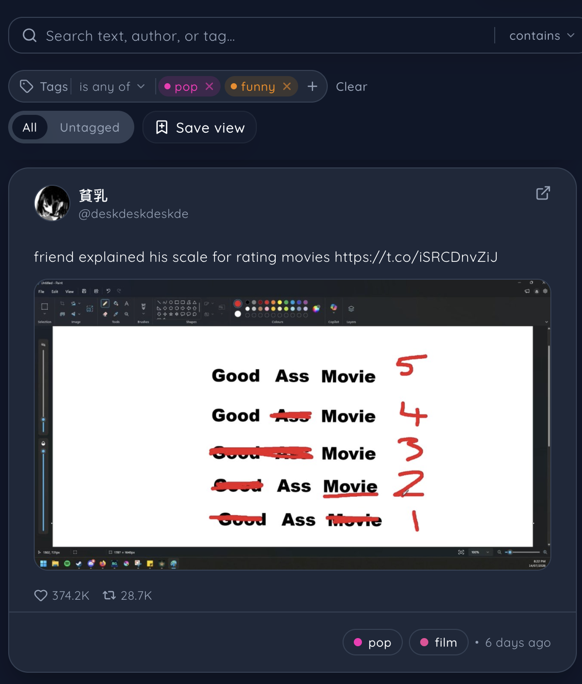 inspo filtered to the 'pop' and 'funny' tags, showing a tweet with a hand-drawn movie-rating scale