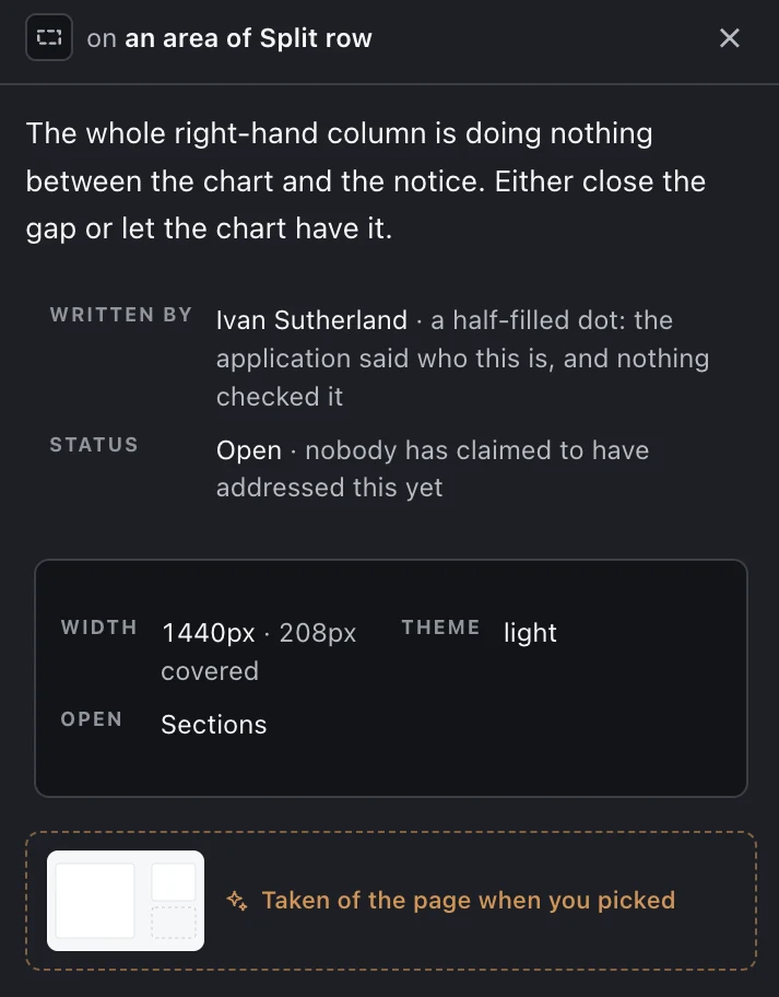 Maple's comment context panel: the comment text, who wrote it with an attestation note, its status, and a block recording the viewport width, the covered width, the theme and which section was open, plus the screenshot taken at pick time.