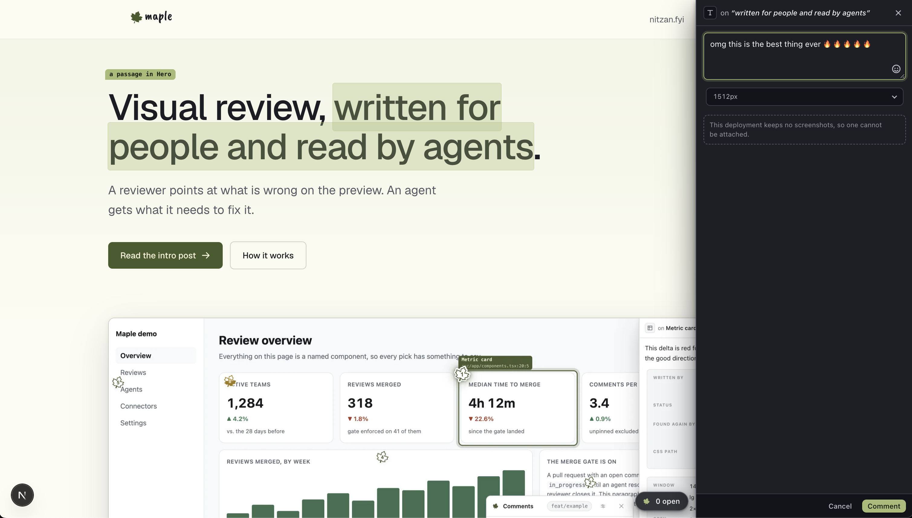 The Maple overlay on a preview deployment of maple-kit.org. A reviewer has selected the phrase 'written for people and read by agents' in the headline and is typing a comment on it, with the viewport width recorded beside the comment. Numbered leaf pins sit on the demo page below.