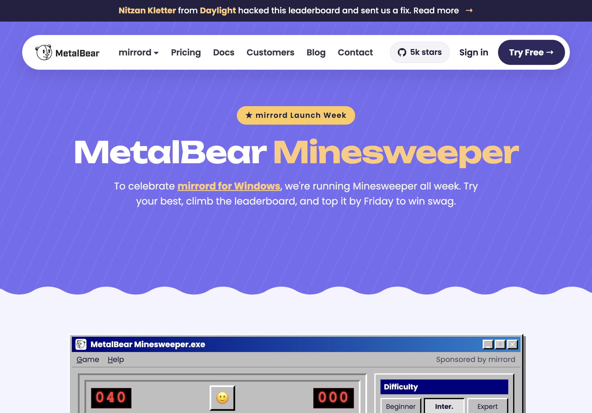 The MetalBear Minesweeper landing page with the dedicated banner I got (more on that below)
