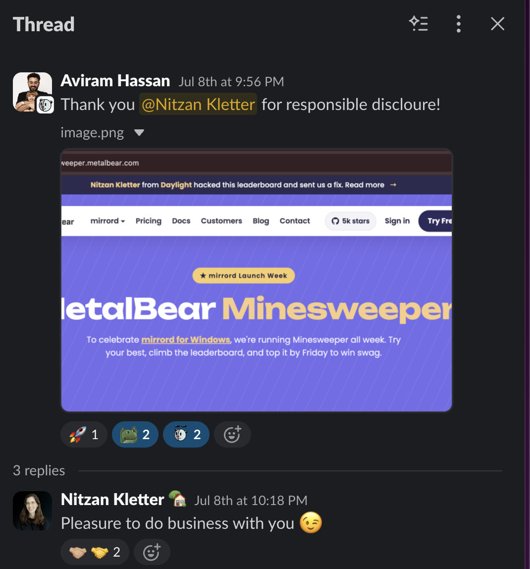 A Slack thread between Aviram and I following the discourse
